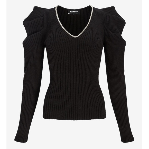 Express Sweaters - NWT Express Embellished V-Neck Puff Sleeve Sweater